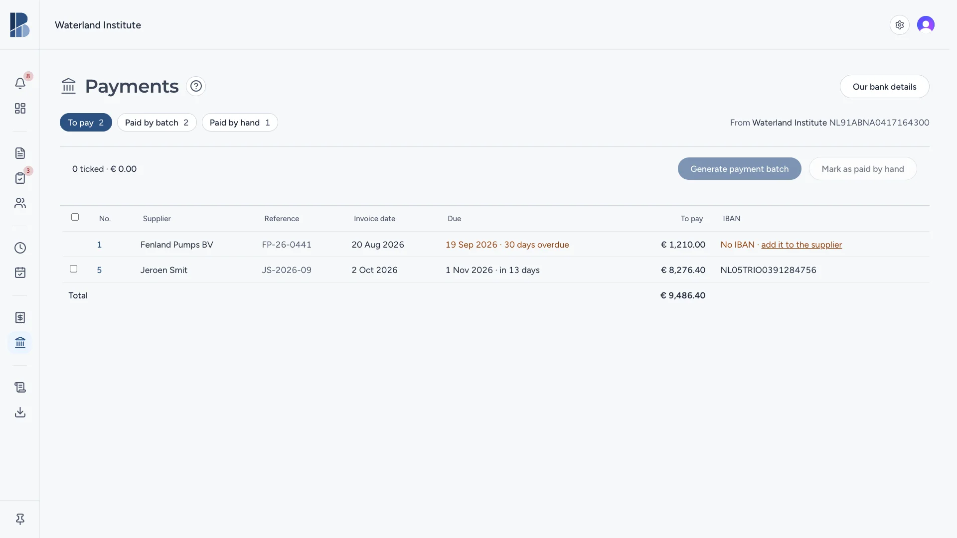 Payments: the invoices still to pay, each with its due date and IBAN, ticked into one batch for the bank or marked paid by hand